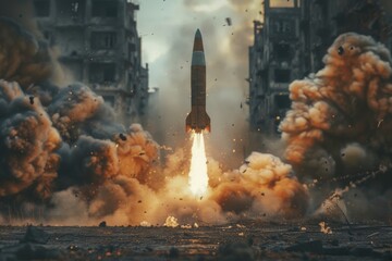 Launching a military rocket into the sky among the broken houses of the city - obrazy, fototapety, plakaty