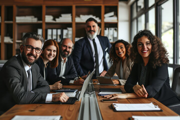 Diverse group of individuals sitting at a table, engaged with a laptop screen in a business or educational setting - obrazy, fototapety, plakaty