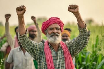 Elderly farmer with bright pink turban and raised fist stands resolute at protest rally. Crowd of Indian farmers in agricultural field