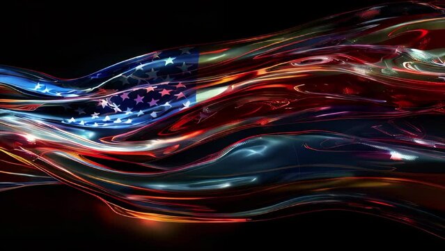 American USA flag waving on black background, 3D solid fluid holographic.

