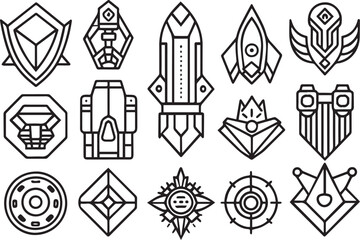 Set Greyscale cyberpunk video game symbol. Hand drawn vector illustration