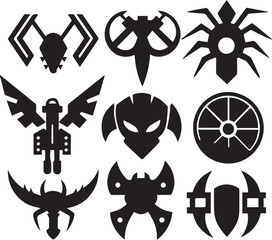 Set Greyscale cyberpunk video game symbol. Hand drawn vector illustration