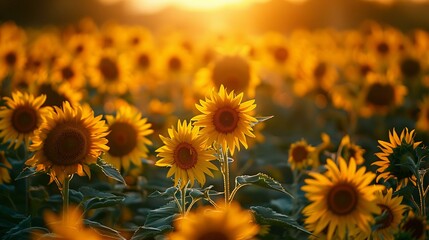 Fototapeta premium Sunflower field at sunset, golden hour, cheerful and warm