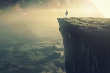 Tuinposter Man observes dawn of creation as he stands solitary on the brink of a massive cliff above swirling clouds and celestial phenomena © Lazy_Bear