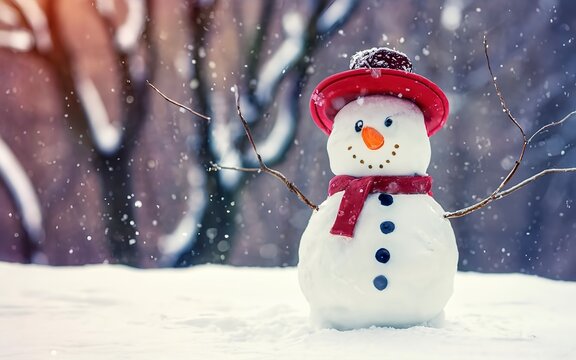 Snowman. Merry christmas and happy new year greeting card. Funny snowman in a hat on a snowy background