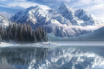 Obraz premium A Serene Mountain Lake reflecting snow-capped peaks.