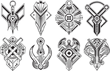 Set Greyscale cyberpunk video game symbol. Hand drawn vector illustration
