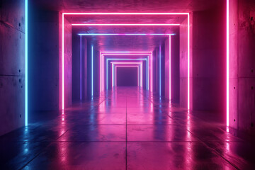 A long hallway illuminated by neon lights, casting a vibrant glow on the walls and floor