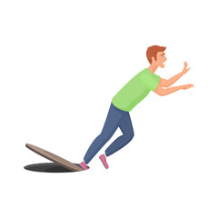 Man tripped over open manhole cover with risk of falling into sewer hole vector illustration
