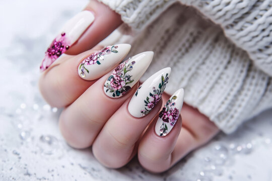 Woman's hand showcasing nail manicure with intricate flowers painted on her nails