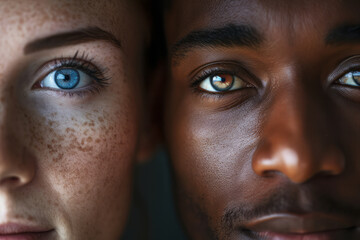 A close-up view of two individuals with striking blue eyes