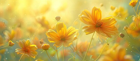 A bunch of vibrant yellow cosmos flowers blooms in a lush field, creating a captivating burst of color. The flowers sway gently in the breeze, adding a pop of brightness to the serene garden setting.
