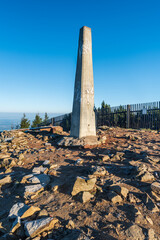 Summit of Lysa hora hill with column in Moravskoslezske Beskydy mountains in Czech republic