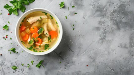 Clear chicken soup with potatoes, carrots and onions in a white bowl Asian style food - obrazy, fototapety, plakaty