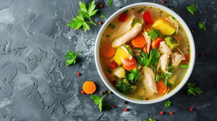 Clear chicken soup with potatoes, carrots and onions in a white bowl Asian style food