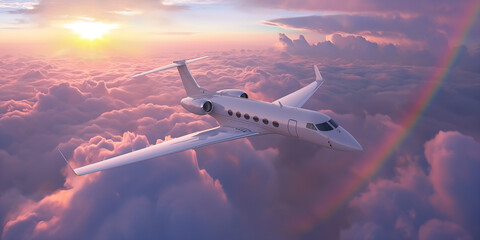 Luxury white Private Jet Flying in the sky above sea of clouds at sunset