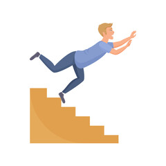 Man slipping on step of stairs, male character falling down, feeling panic and fear vector illustration