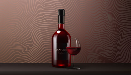 A realistic 3D bottle of red wine sangria, transparent glass of wine, luxury background banner with gold elements. Perfect for banners, posters, or advertising materials. Not AI.