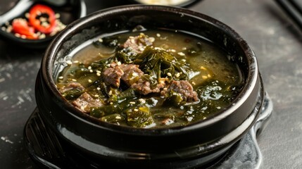 Korean food. Seaweed soup with meat in a black bowl.