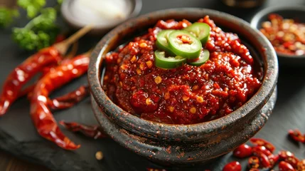 Photo sur Plexiglas Piments forts Korean gochujang (red chili paste), a spicy and sweet condiment in Korean cuisine.