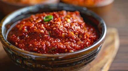 Photo sur Plexiglas Piments forts Korean gochujang (red chili paste), a spicy and sweet condiment in Korean cuisine.