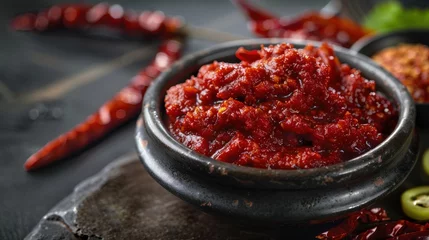 Rolgordijnen Korean gochujang (red chili paste), a spicy and sweet condiment in Korean cuisine. © somchai20162516