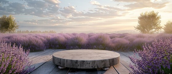 Podium in a field of lavender, soothing and fragrant, natural calm - obrazy, fototapety, plakaty