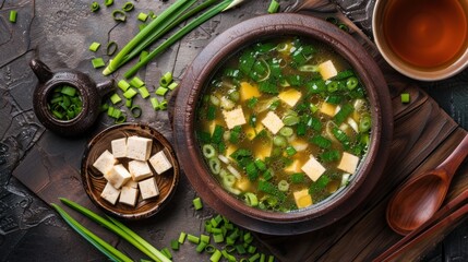Traditional Japanese miso soup with tofu and scallions. With green tea in pots and bowls Wide angle, top view - obrazy, fototapety, plakaty
