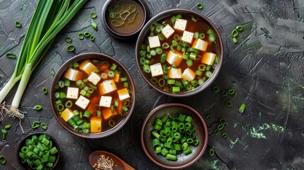 Traditional Japanese miso soup with tofu and scallions. With green tea in pots and bowls Wide angle, top view
