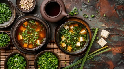 Traditional Japanese miso soup with tofu and scallions. With green tea in pots and bowls Wide angle, top view - obrazy, fototapety, plakaty