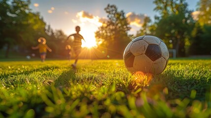 Silhouette action sport outdoors of a group of kids having fun playing soccer football in summer