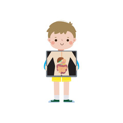 cute cartoon european kid with x-ray screen showing internal organs and skeleton. x ray check bones child, Element of infographics for kid Vector illustration isolated on white background