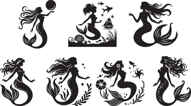 Mermaid Silhouettes EPS Small Mermaid Vector Mermaid Clipart	

