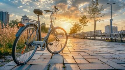 bicycle in modern cityscape background, healthy and environmentally friendly form of transport - obrazy, fototapety, plakaty