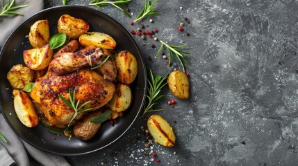 Grilled chicken with potatoes on a black plate gray background