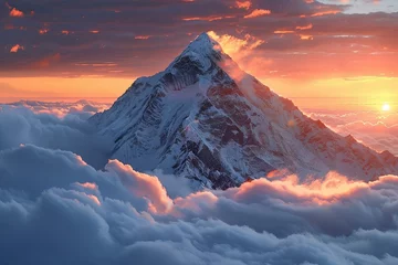 Tableaux ronds sur aluminium brossé Everest Mountain peak piercing through clouds at dawn, majestic and inspiring