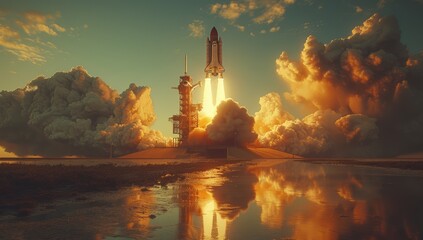 Dramatic space shuttle launch, billowing clouds, reflective water surface - obrazy, fototapety, plakaty