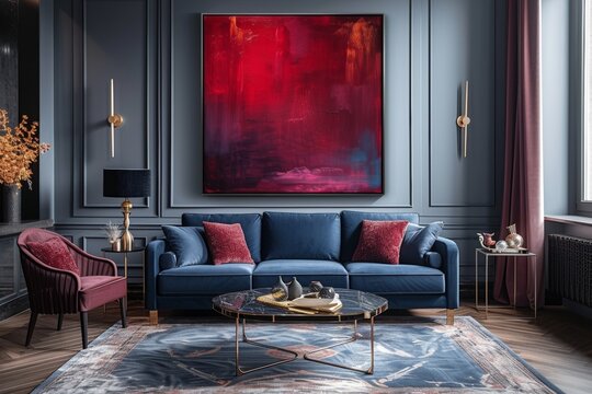 Elegant living room, deep blue sofa, large abstract red painting, gray walls, modern decor, plush chair, geometric rug