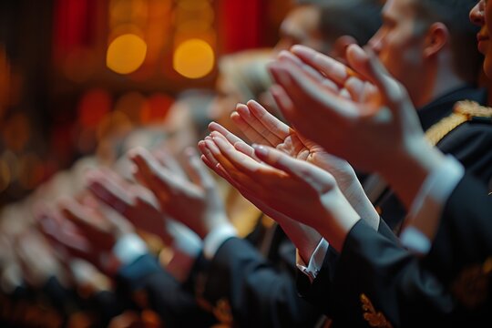 Audience clapping, business attire, celebratory gesture, blurred stage lights, appreciation.