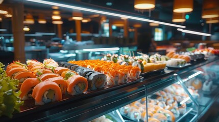 Sushi bar at the restaurant. Sushi buffet. Japanese food that is loved by many nationalities and is healthy. - obrazy, fototapety, plakaty
