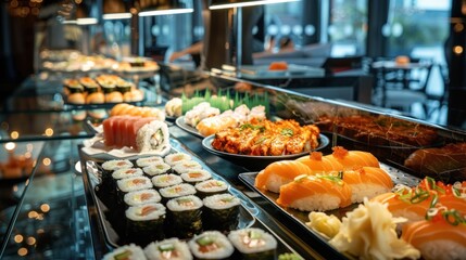 Sushi bar at the restaurant. Sushi buffet. Japanese food that is loved by many nationalities and is healthy. - obrazy, fototapety, plakaty