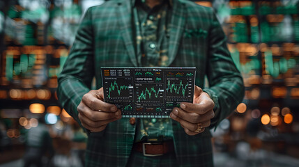 Finance professional, wearing green suit, delves into profit concept of cryptocurrency. Businessman and investment broker analyzing market trends for strategic trading success.