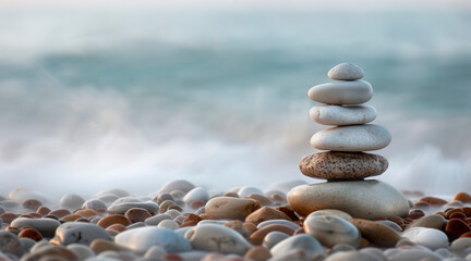 Zen Balanced Pebbles at l'Ayguade Pebble Beach, on the water