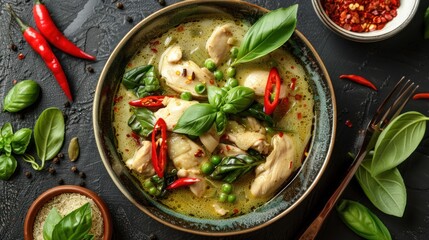 Top view of chicken green curry in bowl. Thai food - obrazy, fototapety, plakaty