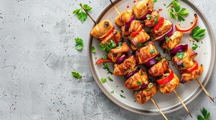 Top view of chicken kebabs on skewers on a plate on a light gray slate floor.