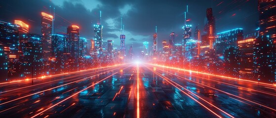 Futuristic cityscape with holographic displays, smart city concept