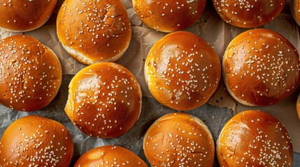 Top view of isolated hamburger buns Freshly baked golden brown Sprinkle with sesame seeds on top.