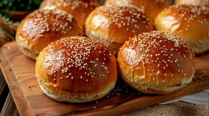 Top view of isolated hamburger buns Freshly baked golden brown Sprinkle with sesame seeds on top.