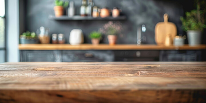 empty   natural  wooden table with a kitchen background, banner design