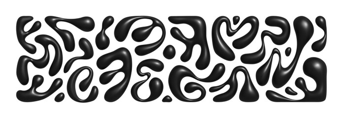 Liquid 3D abstract organic blob shapes set. Wavy elements bubbles and drops in trendy y2k style